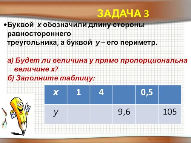 Буквой х обозначили длину стороны равностороннего треугольника, а буквой у –