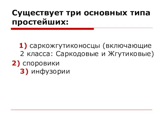 Существует три основных типа простейших: 1) саркожгутиконосцы (включающие 2 класса: Саркодовые