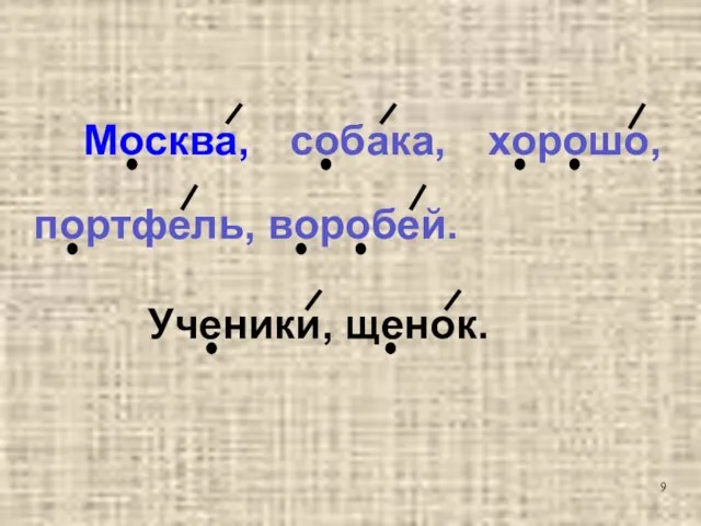 Москва, собака, хорошо, портфель, воробей. Ученики, щенок.