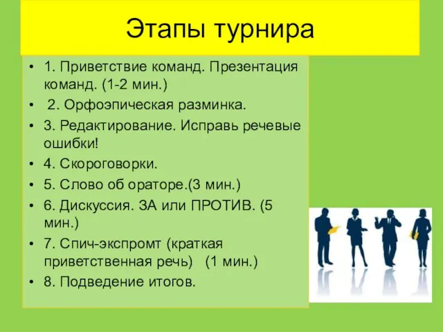 Этапы турнира 1. Приветствие команд. Презентация команд. (1-2 мин.) 2. Орфоэпическая