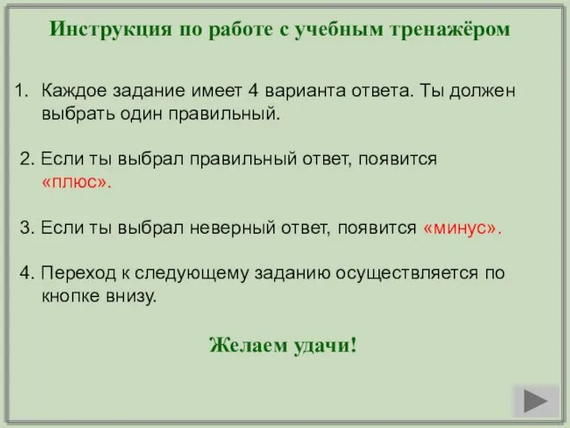 Инструкция по работе с учебным тренажёром Каждое задание имеет 4 варианта