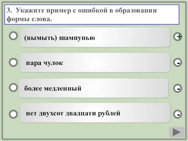 3. Укажите пример с ошибкой в образовании формы слова. (вымыть) шампунью