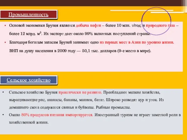 Основой экономики Брунея является добыча нефти – более 10 млн. т/год;