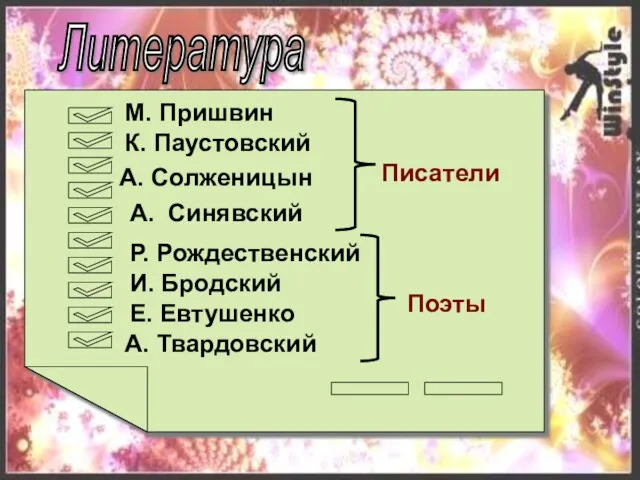 Литература М. Пришвин К. Паустовский А. Солженицын А. Синявский И. Бродский