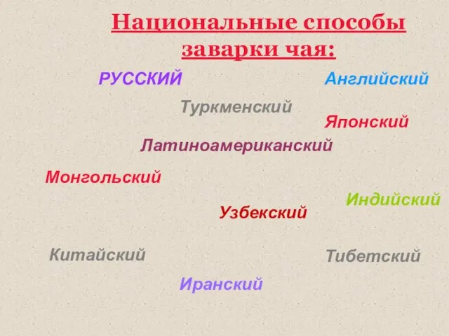 Национальные способы заварки чая: Китайский Туркменский Тибетский Монгольский Узбекский Японский Английский Индийский Латиноамериканский Иранский РУССКИЙ