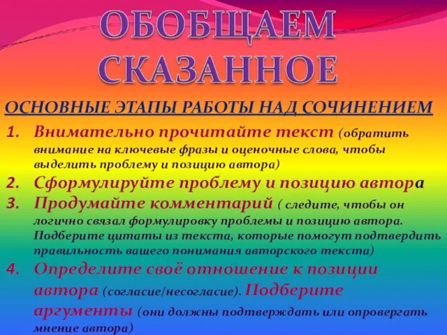 ОСНОВНЫЕ ЭТАПЫ РАБОТЫ НАД СОЧИНЕНИЕМ Внимательно прочитайте текст (обратить внимание на