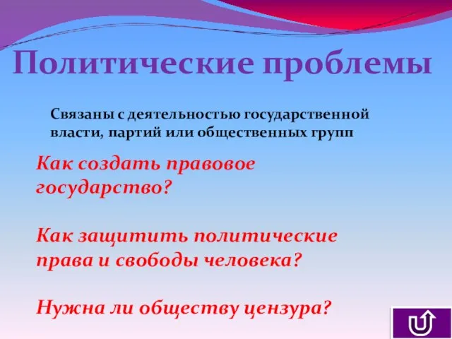 Политические проблемы Связаны с деятельностью государственной власти, партий или общественных групп