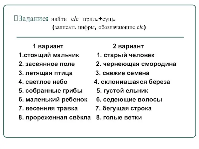 Задание: найти с/с прил.+сущ. (записать цифры, обозначающие с/с) 1 вариант 2