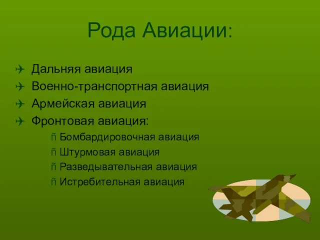 Рода Авиации: Дальняя авиация Военно-транспортная авиация Армейская авиация Фронтовая авиация: Бомбардировочная