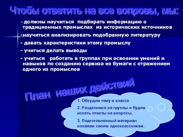 1. Обсудим тему в классе. 2. Разделимся на группы и будем