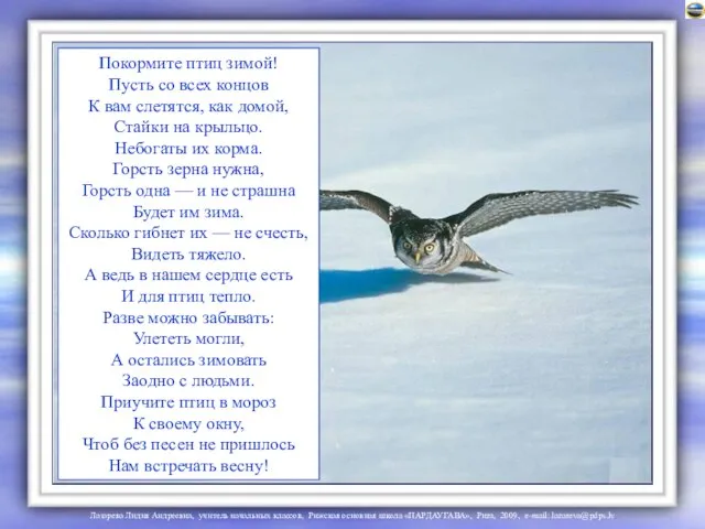 Покормите птиц зимой! Пусть со всех концов К вам слетятся, как