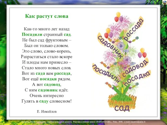 Как растут слова Как-то много лет назад Посадили странный сад. Не