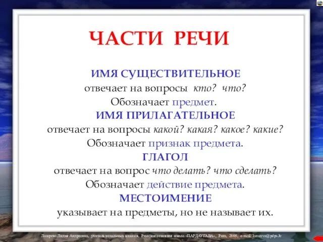 ЧАСТИ РЕЧИ ИМЯ СУЩЕСТВИТЕЛЬНОЕ отвечает на вопросы кто? что? Обозначает предмет.