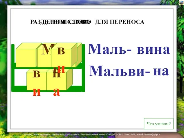 ви на Маль ви Мальви- ДЛЯ ПЕРЕНОСА ДЕЛИМ СЛОВО РАЗДЕЛИЛИ СЛОВО Что узнали? Маль- вина на