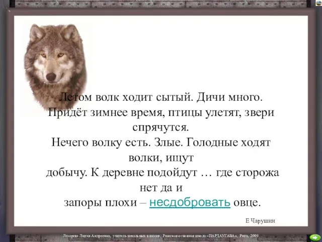 Летом волк ходит сытый. Дичи много. Придёт зимнее время, птицы улетят,