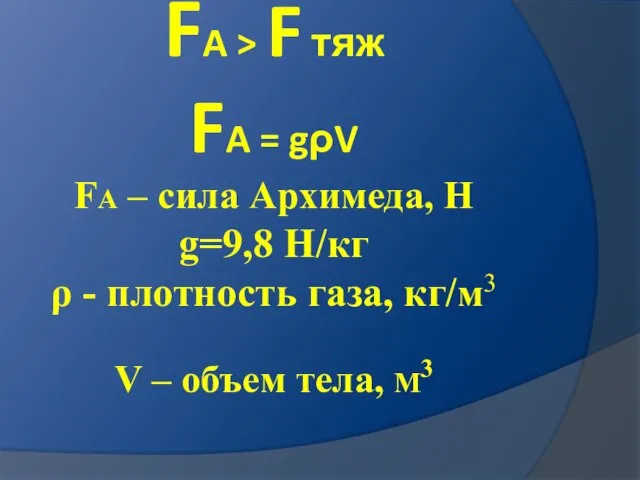 FA > F тяж FA = gρV FA – сила Архимеда,