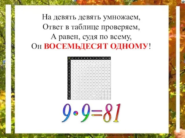 На девять девять умножаем, Ответ в таблице проверяем, А равен, судя