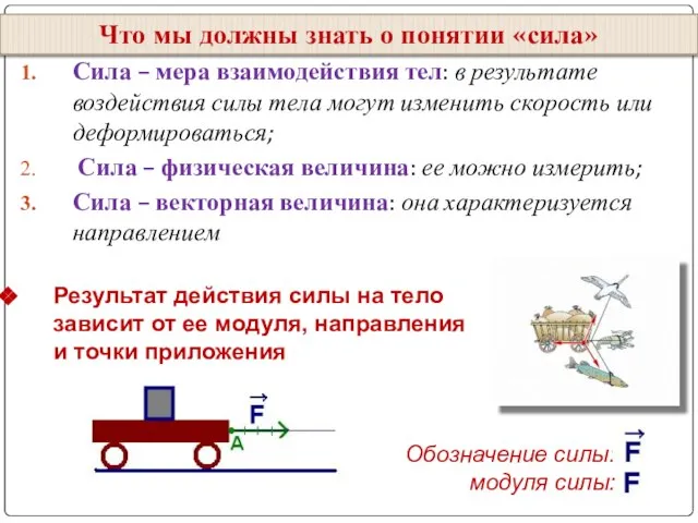 Сила – мера взаимодействия тел: в результате воздействия силы тела могут