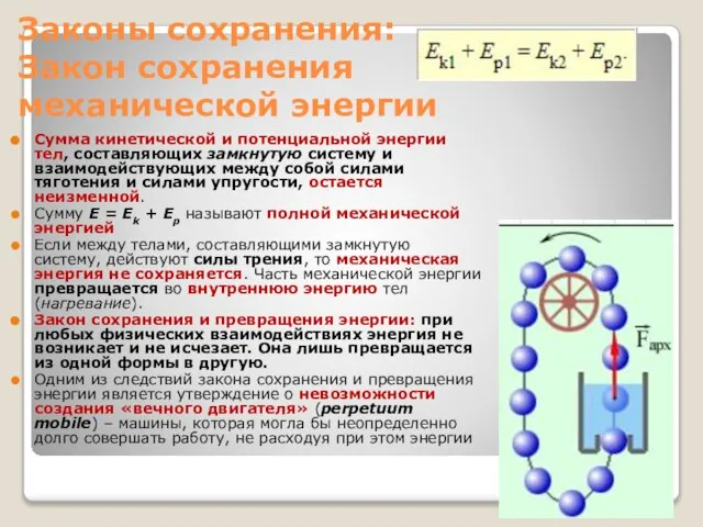 Законы сохранения: Закон сохранения механической энергии Сумма кинетической и потенциальной энергии