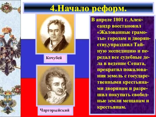 В апреле 1801 г. Алек-сандр восстановил «Жалованные грамо-ты» городам и дворян-ству,упразднил