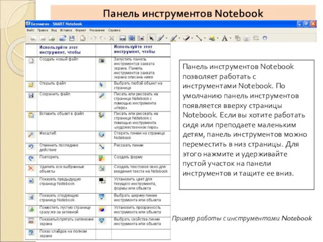 Панель инструментов Notebook Панель инструментов Notebook позволяет работать с инструментами Notebook.