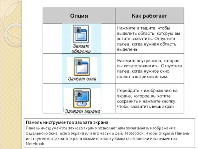 Панель инструментов захвата экрана Панель инструментов захвата экрана позволяет вам захватывать