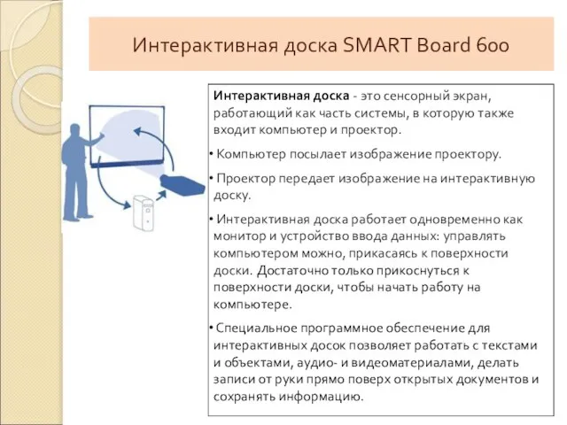 Интерактивная доска SMART Board 600 Интерактивная доска - это сенсорный экран,