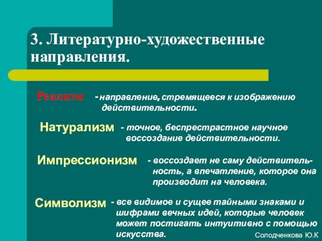 3. Литературно-художественные направления. Реализм Натурализм Импрессионизм Символизм направление, стремящееся к изображению