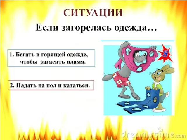 СИТУАЦИИ Если загорелась одежда… 1. Бегать в горящей одежде, чтобы загасить