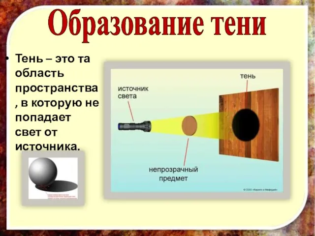 Образование тени Тень – это та область пространства, в которую не попадает свет от источника.