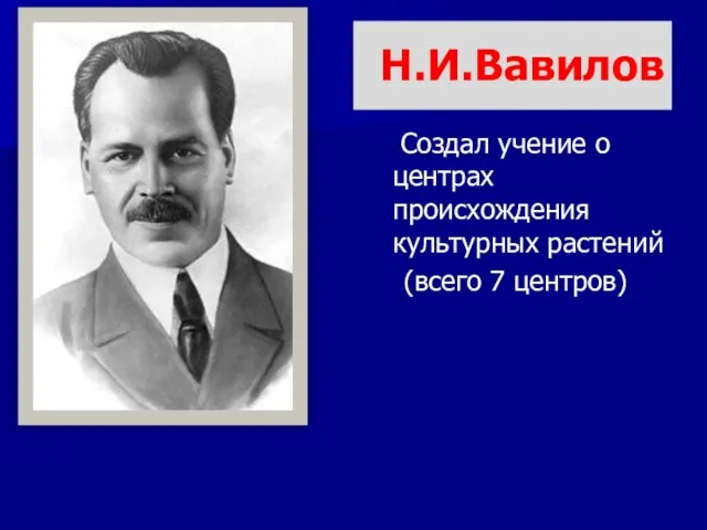 Н.И.Вавилов Создал учение о центрах происхождения культурных растений (всего 7 центров)