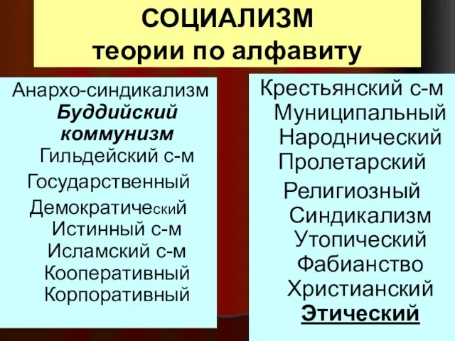 СОЦИАЛИЗМ теории по алфавиту Анархо-синдикализм Буддийский коммунизм Гильдейский с-м Государственный Демократический