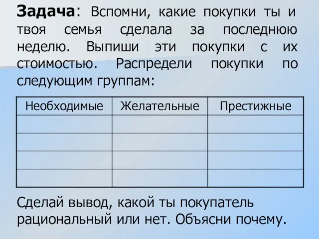 Задача: Вспомни, какие покупки ты и твоя семья сделала за последнюю