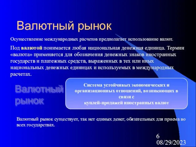 08/29/2023 Валютный рынок Осуществление международных расчетов предполагает использование валют. Под валютой