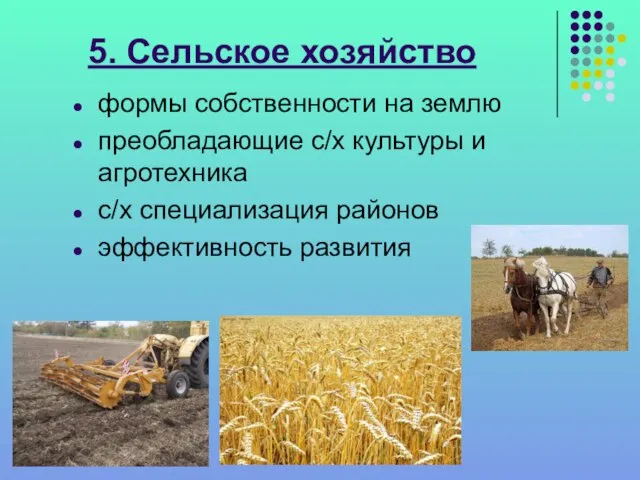 5. Сельское хозяйство формы собственности на землю преобладающие с/х культуры и