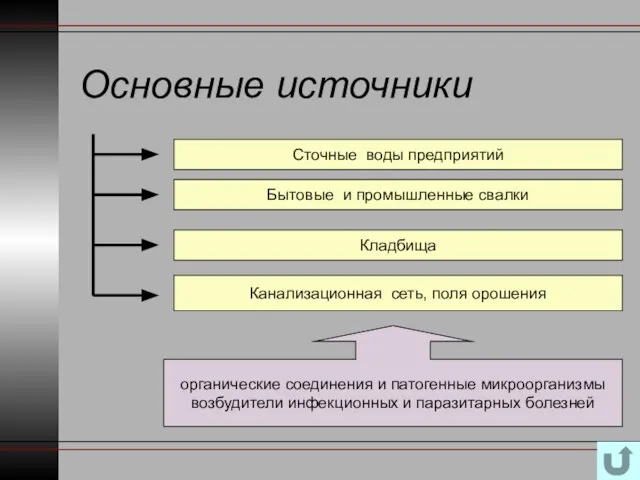 Основные источники Сточные воды предприятий Бытовые и промышленные свалки Кладбища Канализационная