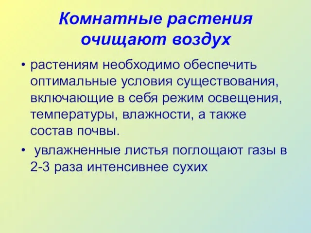 Комнатные растения очищают воздух растениям необходимо обеспечить оптимальные условия существования, включающие