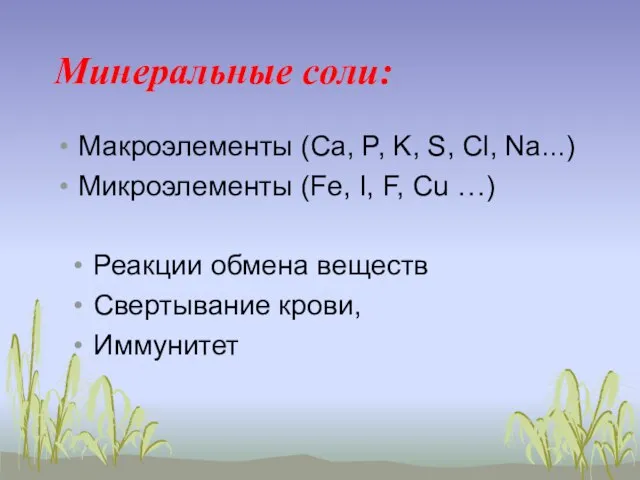 Минеральные соли: Макроэлементы (Ca, P, K, S, Cl, Na...) Микроэлементы (Fe,