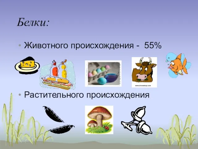 Белки: Животного происхождения - 55% Растительного происхождения