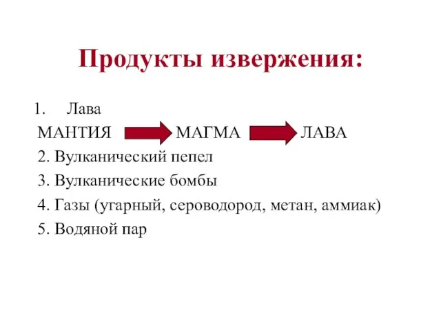 Продукты извержения: Лава МАНТИЯ МАГМА ЛАВА 2. Вулканический пепел 3. Вулканические