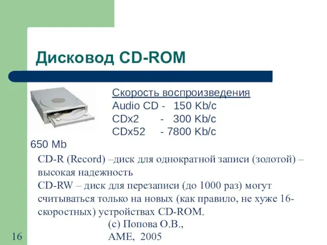 (с) Попова О.В., AME, 2005 Дисковод CD-ROM 650 Mb Скорость воспроизведения