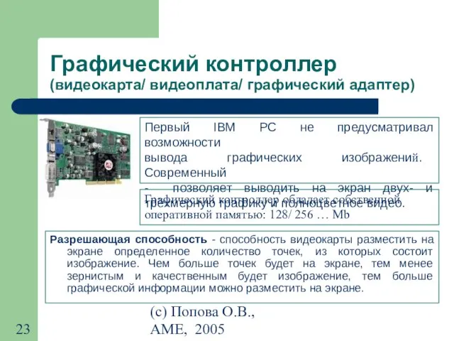 (с) Попова О.В., AME, 2005 Графический контроллер (видеокарта/ видеоплата/ графический адаптер)