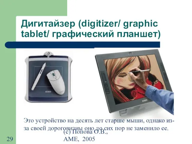 (с) Попова О.В., AME, 2005 Дигитайзер (digitizer/ graphic tablet/ графический планшет)