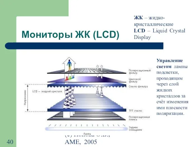 (с) Попова О.В., AME, 2005 Мониторы ЖК (LCD) ЖК – жидко-кристаллические