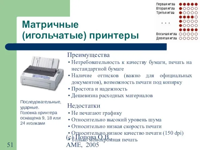 (с) Попова О.В., AME, 2005 Матричные (игольчатые) принтеры Последовательные, ударные. Головка