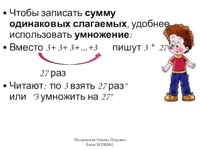 Писаревская Татьяна Петровна Баган БСОШ№1 Чтобы записать сумму одинаковых слагаемых, удобнее