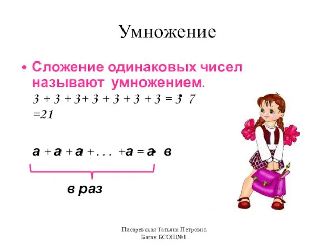 Писаревская Татьяна Петровна Баган БСОШ№1 Умножение Сложение одинаковых чисел называют умножением.