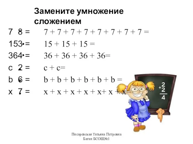 Писаревская Татьяна Петровна Баган БСОШ№1 Замените умножение сложением 7 8 =