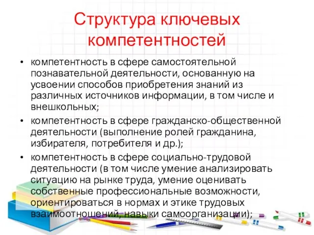 Структура ключевых компетентностей компетентность в сфере самостоятельной познавательной деятельности, основанную на