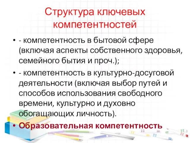 Структура ключевых компетентностей - компетентность в бытовой сфере (включая аспекты собственного